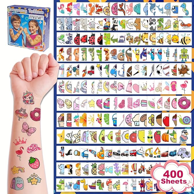 400+ Premium Temporary Tattoos for Kids & Adults - Waterproof Fake Tattoos Last 2-7 Days, Cute Fruit Animal Dessert Designs, Deluxe Gift-Ready Packaging, Perfect for Birthday Party, Halloween