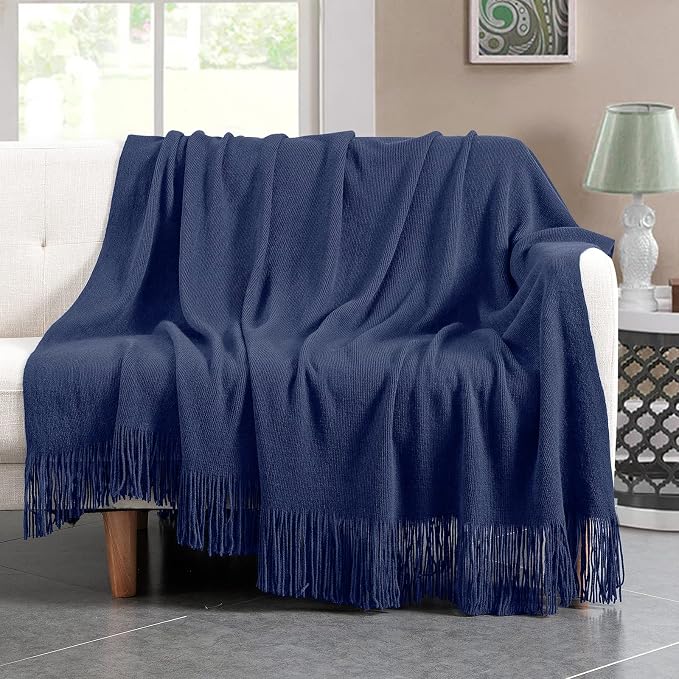 Vonty Royal Blue Knitted Throw Blanket with Tassels Fringe, 50x60 Acrylic | Super Soft And Lightweight, Year-Round Cozy Warmth, Farmhouse Decorative Style, Machine Washable, for Couch, Sofa or Bed