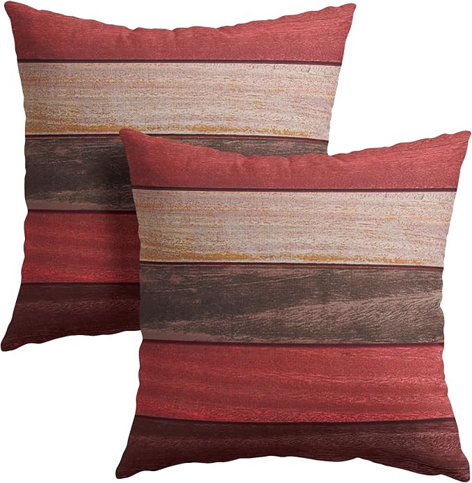 Kawani Red Wooden Throw Pillow Covers 16x16 Inches - 2 PCS Brown Farmhouse Wood Grain Cotton Linen Square Pillow Cushion Case with Hidden Zipper for Bed Couch Bedroom Living Room Decor