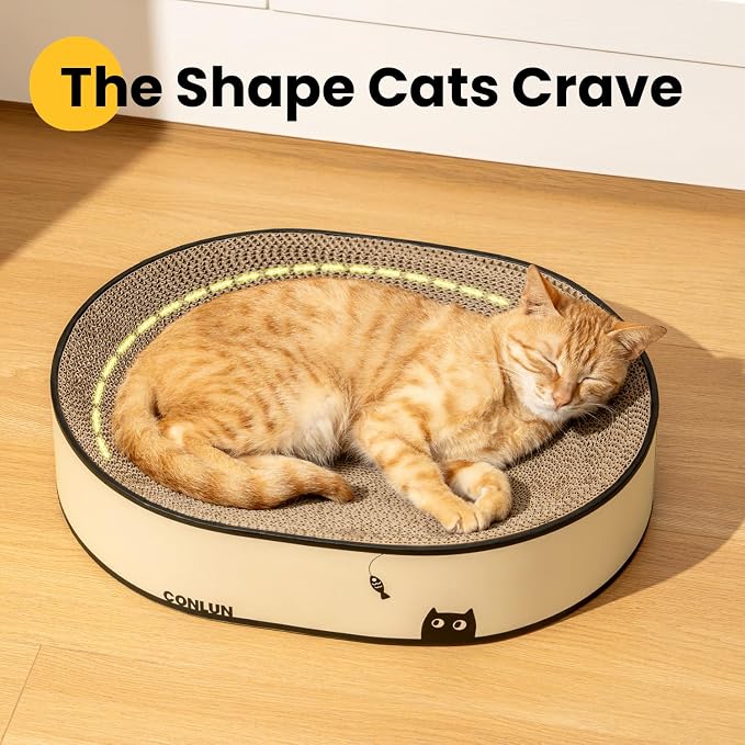 Conlun Oval Cat Scratcher Bed | Scratching Bowl Lounge for Kittens | Medium | Corrugated Cardboard Pad | Concave Shape | No Mess Enclosed Base | Serves as Couch Furniture Protector