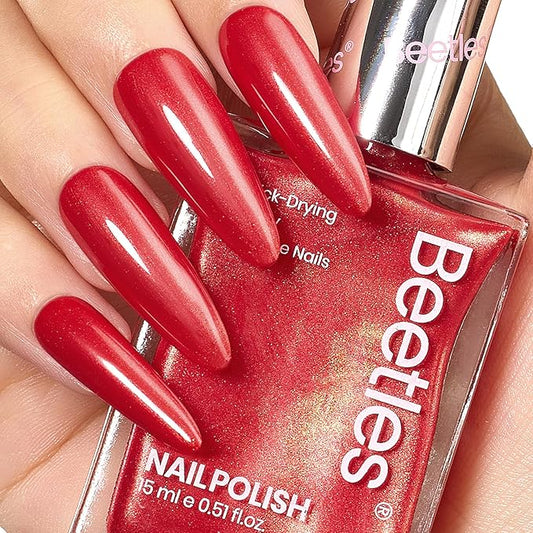Beetles Red Nail Polish 15ML Quick Dry Glitter Fingernail Polish 4th of July DIY Salon Spring for Women