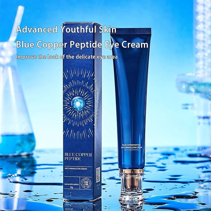 Blue Copper Peptide Eye Cream - GHK-Cu Eye Cream for Dark Circles, Puffiness & Fine Lines, Firming & Hydrating Under Eye Cream with Peptides, 1oz