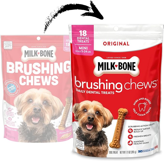 Milk-Bone Brushing Chews, Mini, Original Flavor, 90 Dental Treats | 5 (18-count) bags, Daily dog dental treats, For dogs 5-24 lbs., Original chicken flavor