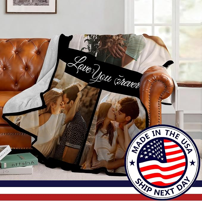 SHIPS NEXT DAY Custom Blanket with Picture Text Personalized Throws Blanket with Photos Customize Blanket Customizable Blankets Customized Gifts for Mom Dad Couple Girlfriend Boyfriend Wife Husband