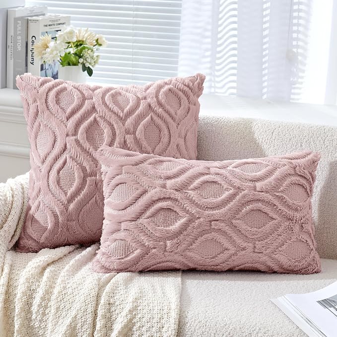 MIULEE Blush Pink Soft Plush Faux Wool Throw Pillow Covers 20x20 | Set of 2, Farmhouse Boho Home Decor, Decorative Cushion Covers for Sofa, Living Room, Bed