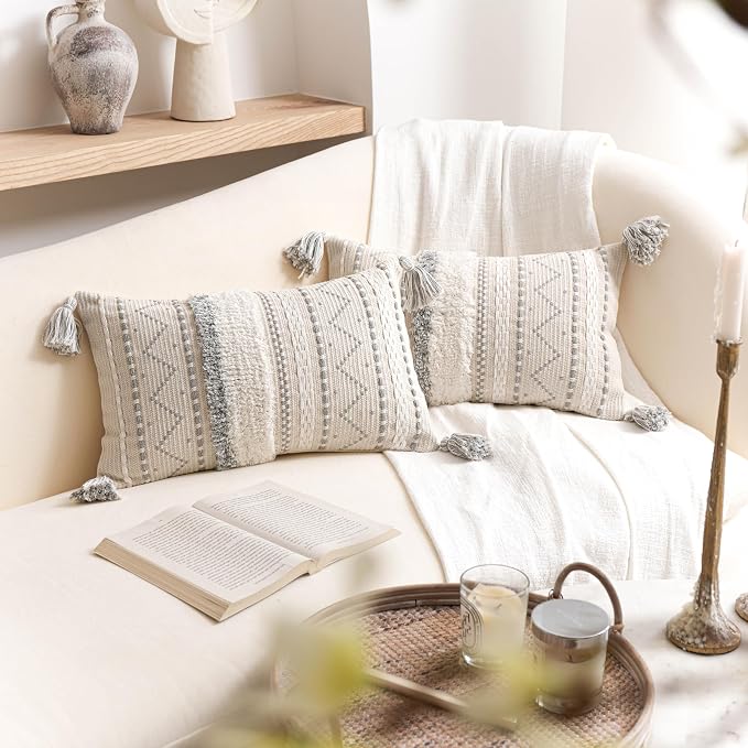 12x20 Lumbar Pillow Cover, Cream Neutral Rectangular Decorative Cushion Cover with Gray Pattern, Boho Accent Pillowcase with Tassels for Couch Sofa Living Room (Cover Only)
