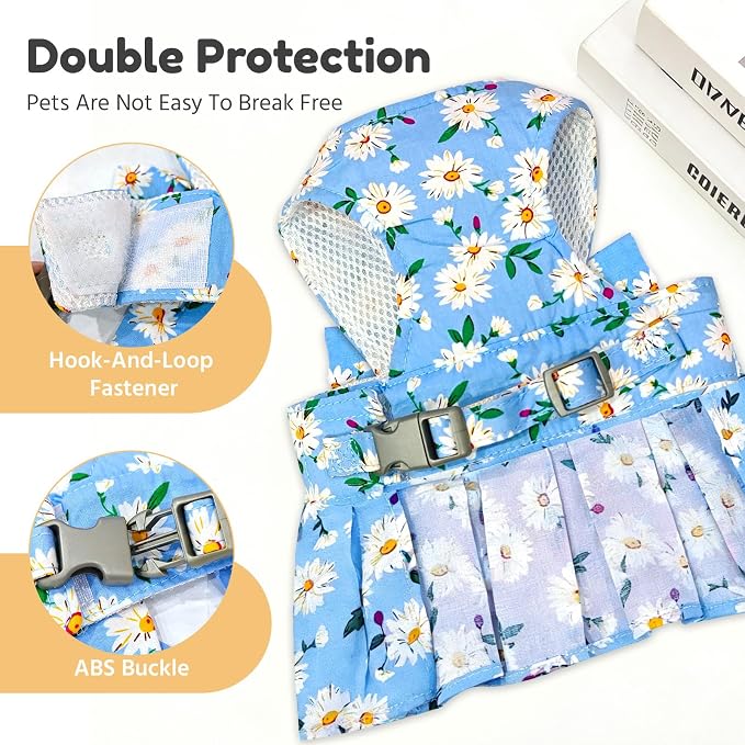 BAEJMJK Dog Dress Bowknot Harness Leash Set for Small Dogs Cats Daisy Floral Girl Dog Dresses Cute Puppy Princess Clothes Pet Doggy Outfits Spring Summer Breathable Dresses(Blue,Large)