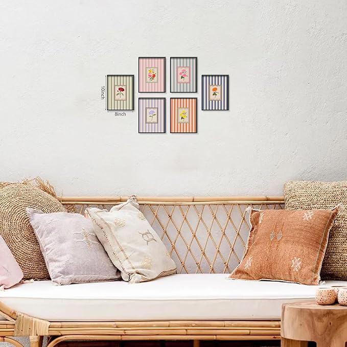 Vintage Floral Posters Wall Art Set of 6, Coquette Cute Stripe Botanical Stamp Canvas Wall Decor Painting, Colorful Flower Artwork Posters Prints for Bedroom Girls Room Dorm 8x10 Inch Unframed