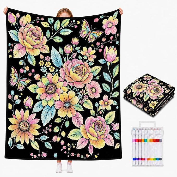 VEELU DIY Coloring Blankets with 24 Colors Markers for Adults | Custom Color In Your Own Blankets With 24 Colors Markers, Snuggle Color Sketch Washable Blankets Kit Home Decor