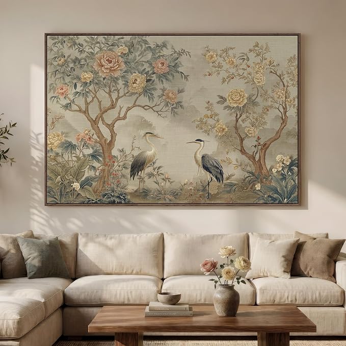 Extra Large Framed Chinoiserie Wall Art for Living Room, Oversized Vintage Floral Neutral Artwork for Walls, Horizontal Asian Flower Canvas Prints Office Dining Room Hallway Wall Decor, 72x48 Inch