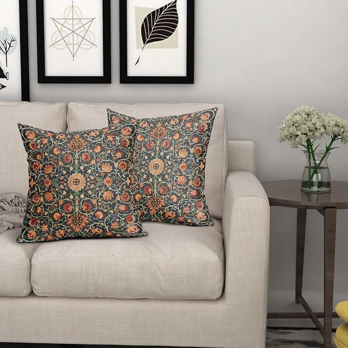 Vintage Floral Pillow Covers 20X20 Inch Set of 2 Burnt Orange Flowers Botanical Decorative Square Pillow Cases Navy Blue Art Cushion Case Farmhouse Home Decor for Sofa Couch Bedroom Outdoor