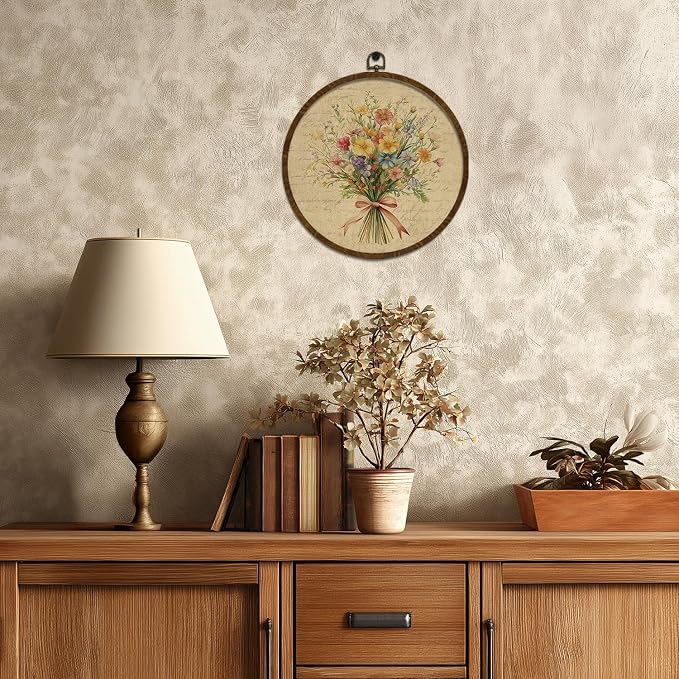 Vintage Floral Round Wall Art Decor,Retro Flower Wall Art Decoration, Watercolor Wildflower Botanical Canvas Print with Frame,Farmhouse Decor for Bedroom Living Room Gallery Space 10"x10"(Letter Flowers-02)
