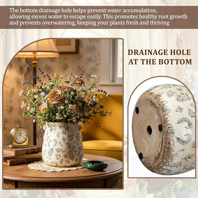 Ceramic Scroll Planter 6.5 Inch Chinoiserie Floral Vase with Drainage Holes Vintage Flower Vase Flower Pot Rustic Ceramic Pots for Indoor Plants Garden Home Bookshelf Decor(Leaves)