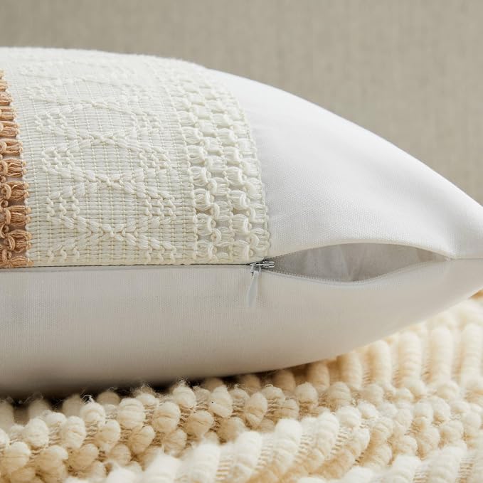2pk Boho Pillow Covers 18x18, Natural White/Contrast/Beige | 100% Organic Cotton Body, Stripe Embroidery, Farmhouse Decorative Cushion Covers for Sofa Bed Living Room Home Decor