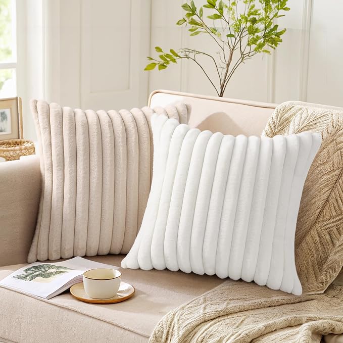 Pallene Faux Fur Decorative Throw Pillow Covers 16x16 Set of 2, Apricot | Luxury Plush Texture, Striped Design, Cozy Soft Touch, Modern Home Accent Decor for Couch, Sofa, Bed, Living Room