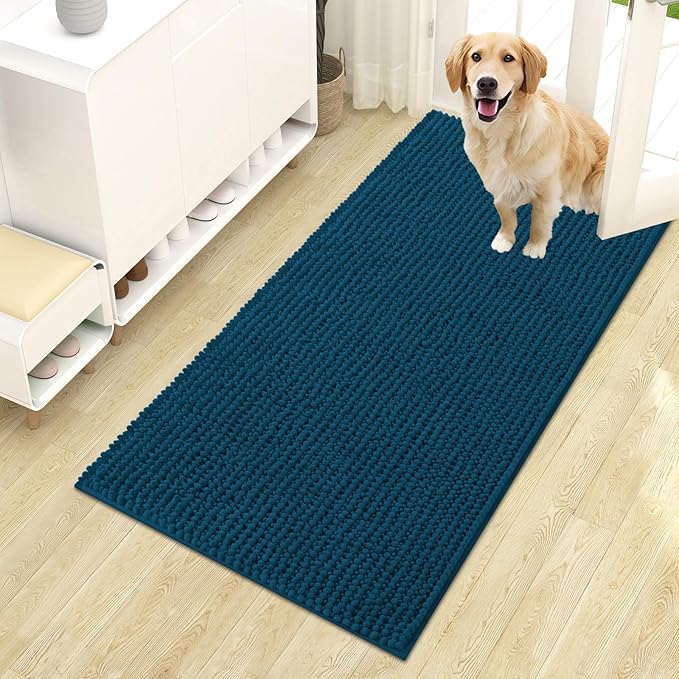 OLANLY Dog Door Mat for Muddy Paws 44x24, Extra Absorbent Chenille Mud Mat | Atlantic Blue, Absorbs Moisture and Dirt, Non-Slip Machine Washable Doormat, Quick-Drying Indoor Entryway Floor Mat for Dogs