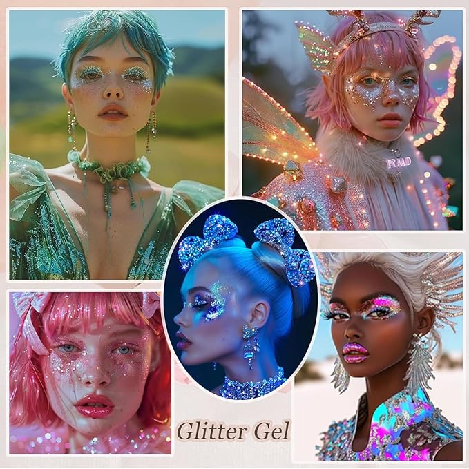 Body Glitter Face Glitter Makeup Festival Glitter, 12 Colors Face and Body Glitter Gel, Hair Glitter Gel, Body Makeup，Hair Glitter for Halloween Makeup Festival