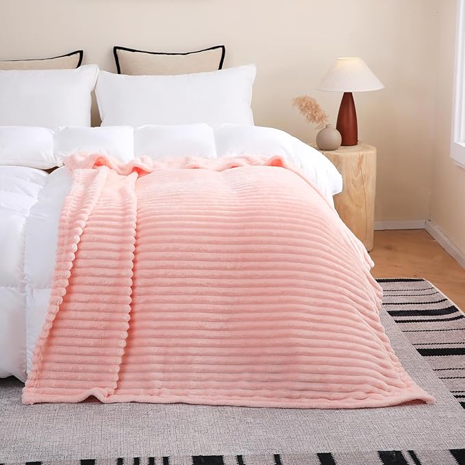 Light Pink Fleece Throw Blanket 90”×90” for Couch Sofa Livingroom | Super Soft Cozy Plush Microfiber Flannel Bed Blanket Striped Design Lightweight Home Decor Gifts for Adults Mom Women