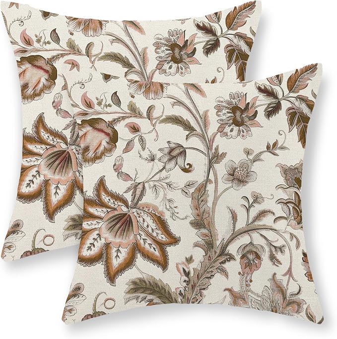 Brown Pillow Covers 18x18 Inch Set of 2 Brown Chinoiserie Floral Throw Pillows Boho Vintage Flowers Decorative Pillow Cases Outdoor Chinoiserie Decor Farmhouse Cushion Case for Couch Sofa