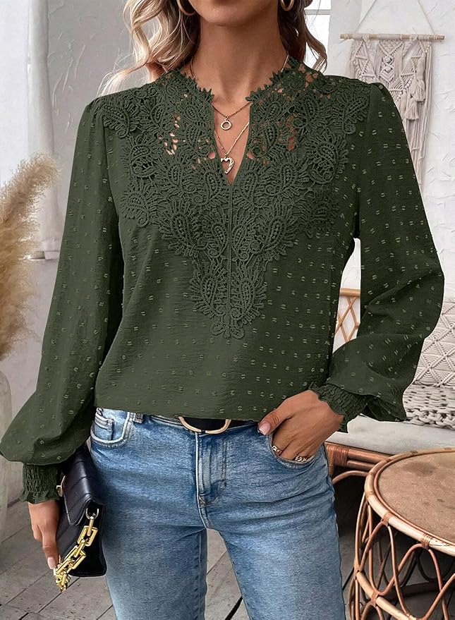 Womens Tops Swiss Dot Boho Long Sleeve Shirts V Neck Casual Chiffon Blouses Flowy Lace Hem Cute Clothing Trendy 2026