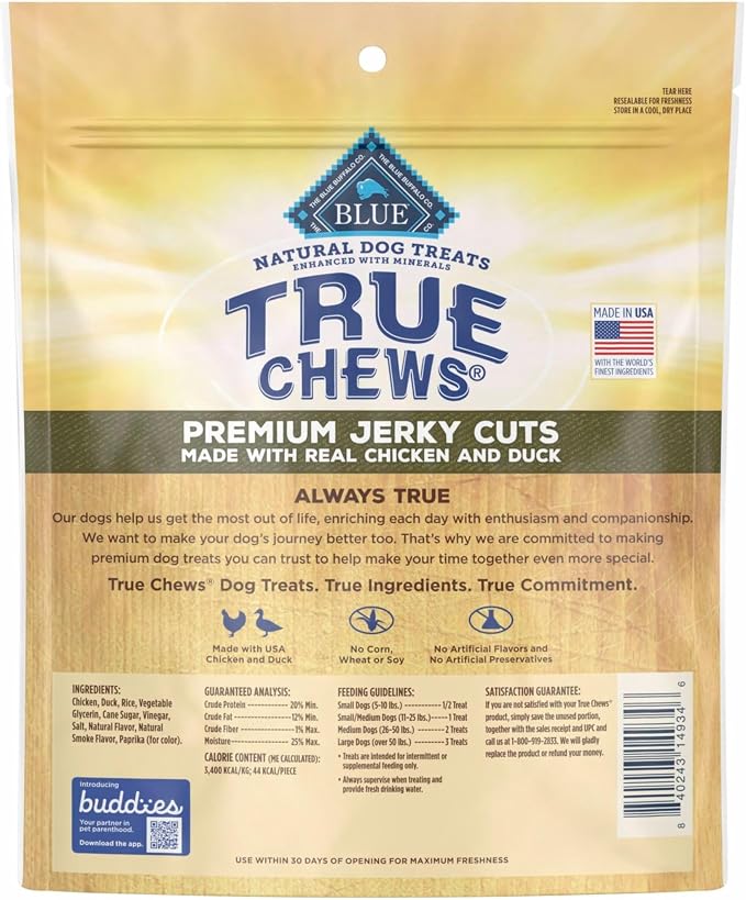 Blue Buffalo True Chews Premium Jerky Cuts Dog Treats, Made in the USA with Natural Ingredients, Duck, 12-oz Bag (Pack of 6)