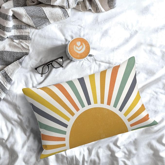 Boho Pillow Covers 12x20 Set of 2 Stripes Colorful Yellow Sunshine Decorative Pillow Cases Summer Rainbow Sun Outdoor Cushion Cover Cute Farmhouse Linen Decor Throw Pillows for Couch Sofa