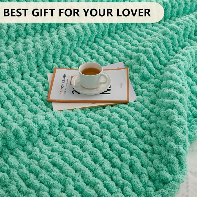 L'AGRATY Chunky Knit Throw Blanket for Couch, 50'' x 60'' Knit Throw, Aqua | Handmade Chenille Crochet Blanket for Sofa Bed, Thick Cable Knitted Blankets for Room Home Decor, Birthday Gift for Women Mom
