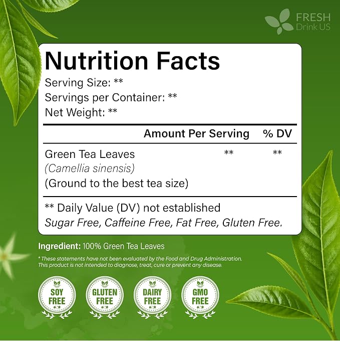 FreshDrinkUS, Premium 175 Green Tea Bags, 100% Natural & Pure from Green Tea Leaves. Loose Leaf Green Tea Herbal Tea. Made with Natural Material Tea Bags. No Sugar, No Gluten, Vegan.