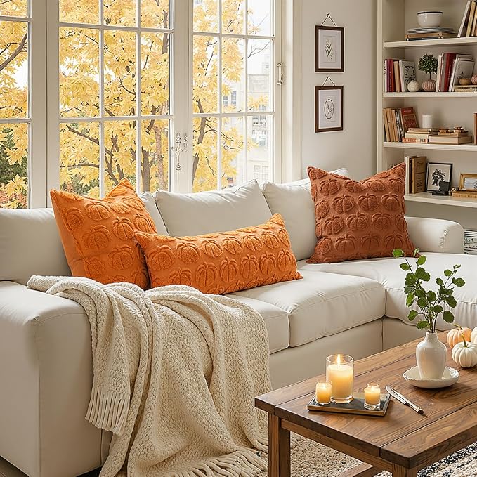 MIULEE Fall Pillow Covers Pumpkin Fall Decor 24x24 Orange | Set of 2 Fall Decorations for Home, Plush Faux Fur Farmhouse Accent Pillowcases, Porch Sofa Couch Cushion Bed Livingroom