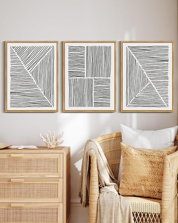 Drsoum Mid-Century Modern Framed Wall Art Minimalist Abstract Boho Black Line Wall Decor Geometric Artwork Kitchen Dining Room 11x14in Natural Framed