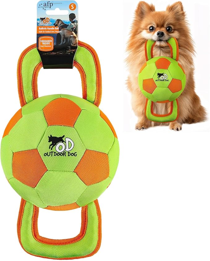 ALL FOR PAWS Dog Ball with Handles, Durable Dog Toy with Squeaker, Interactive Tug of War Ball Toy for Small and Medium Dogs, 12.6 x 5.9 x 5.9 Inch
