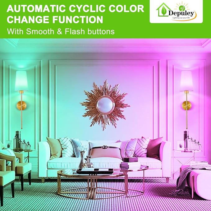 Depuley Battery Operated Wall Sconce: 27" Set of 2 Wireless Wall Lights with Remote for Bedroom - Rechargeable 15 Colors Gold Wall Lamp for Living Room Hallway Decor