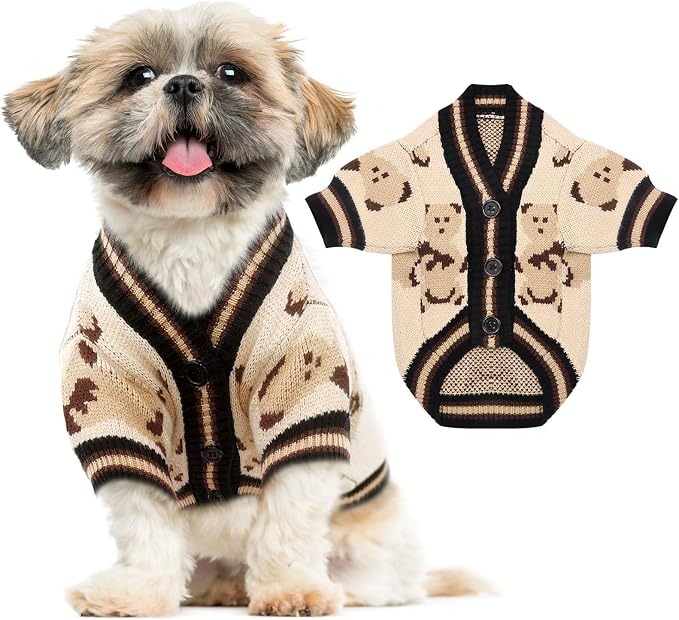 ABRRLO Small Dog Sweaters Cute Bear Dog Cardigans Clothes for Small Medium Dogs Boy Girl Puppy Cat Knitting Cardigan Outfits Dogs Winter Coats Warm Pet Doggy Clothes Soft Knitwear Apparel (Beige,XS)