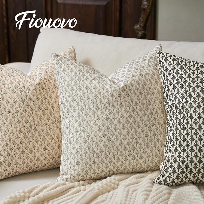 FIOUOVO Floral Pillow Covers 24x24 Pillow Cover Block Print Couch Pillows for Living Room Decorative Neutral Accent Throw Pillow Covers, 1PC, Light Taupe