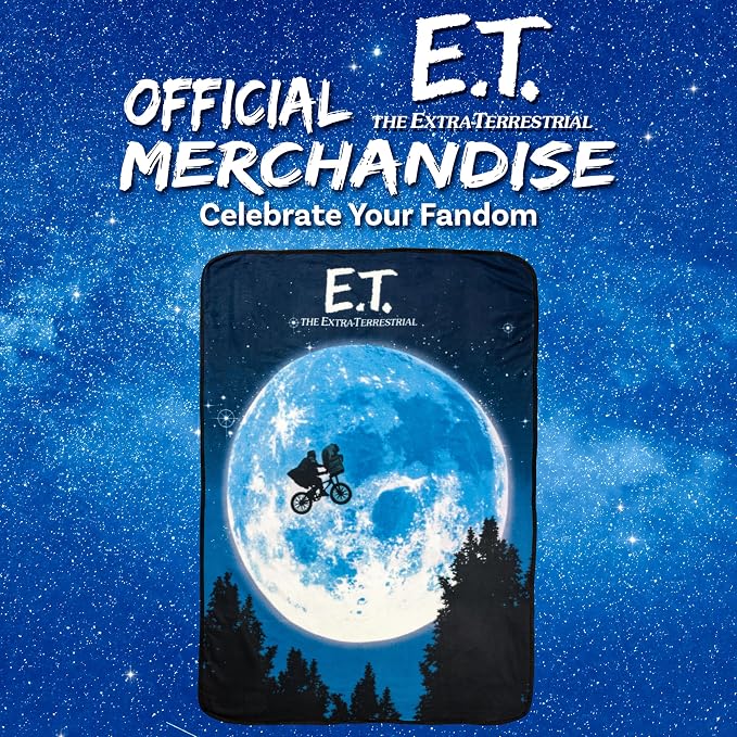 Silver Buffalo ET The Extra-Terrestrial, Fleece Throw Blanket, 45x60in | Movie Poster, Moon, Bike, Soft and Cozy, 180 GSM