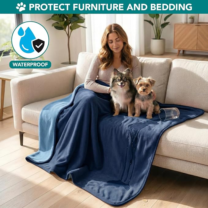 PetAmi Waterproof Dog Blanket for Couch, Pee Proof Reversible Cat Blanket for Sofa Bed Furniture Protector, Soft Fleece Washable Pet Throw for Dogs Cats Puppies Kittens, 40x60 Navy Blue