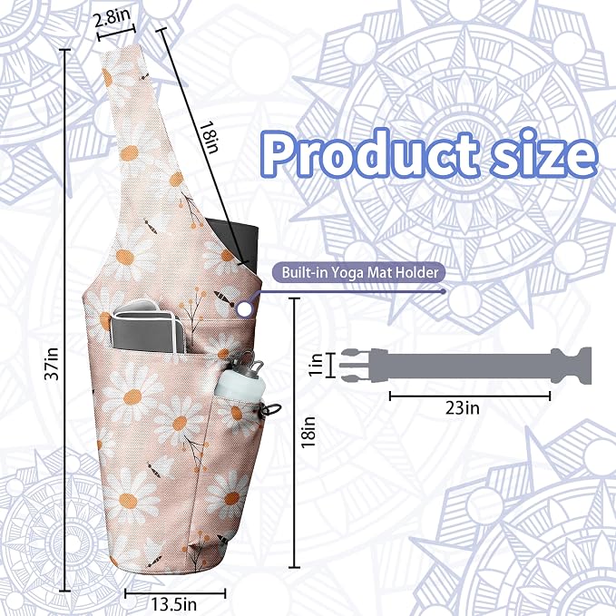 Yoga Bag for Women, Large Yoga Mat Bag Tote Carrier with Wet Dry Pocket, Water Bottle Holder & Adjustable Strap, Fits 1/2" Thick Yoga Mat for Gym, Pilates, Travel, Work