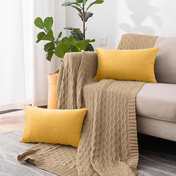 NiNi ALL Yellow Velvet Throw Pillow Covers 12x20 Pack of 2 Decorative Couch | Soft Solid Cushion Squar Pillow Cases for Chair Sofa Bedroom Farmhouse Living room Modern Luxury Home Decor Fall Halloween