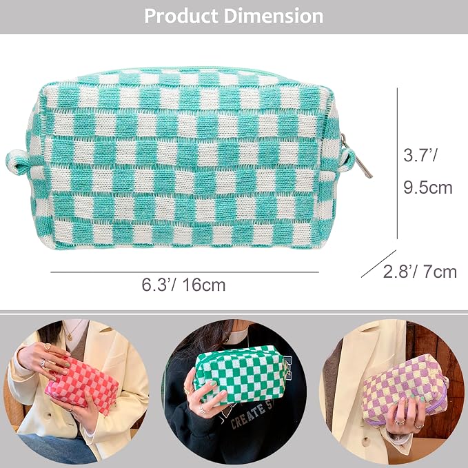 PAZIMIIK Checkered Makeup Bag for Purse Portable Zipper Make Up Pouch Small Cosmetic Case for Travel Accessories (2PCS Arctic Blue)