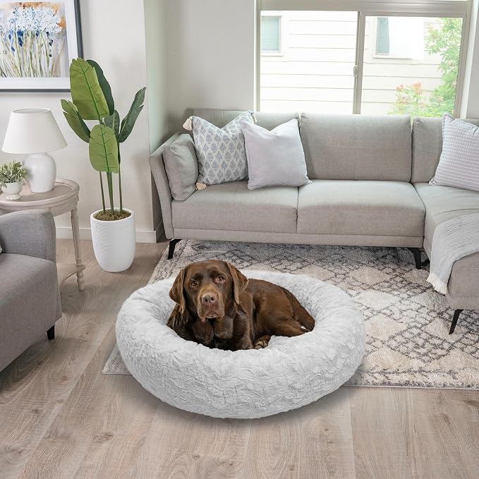 Best Friends by Sheri The Original Calming Donut Dog Bed for Large Dogs up to 100 lbs, Lux Faux Fur, Gray, 36" x 36"