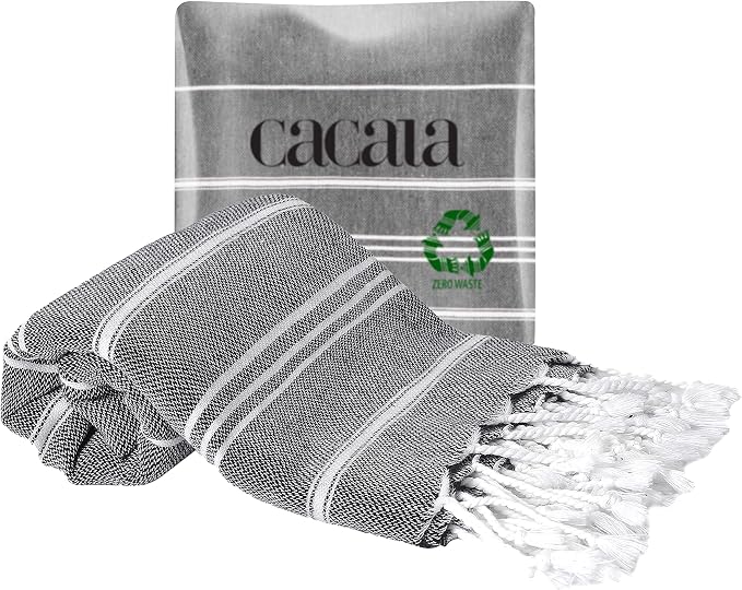 Cacala 100% Turkish Cotton Kitchen Tea Towels, Highly Absorbent Luxury Soft Quick Drying Dish Towel with Hanging Loop for Gym, Yoga, Bath, Sports, Cleaning and Kitchen (23 x 36), Black