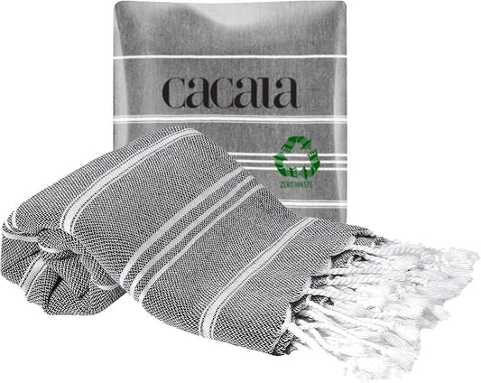 Cacala 100% Turkish Cotton Kitchen Tea Towels, Highly Absorbent Luxury Soft Quick Drying Dish Towel with Hanging Loop for Gym, Yoga, Bath, Sports, Cleaning and Kitchen (23 x 36), Black
