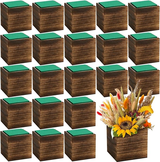 24 Set Wood Cube Planter Box Square Wood Vase Rustic Cube Planter Box with Removable Plastic Liner Floral Foam Blocks for Centerpieces Home Wedding Garden Decor, Country Style (Brown)