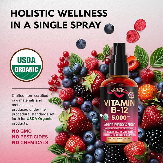 USDA Organic Vitamin B12 Sublingual Spray - 5000 mcg Liquid Vegan Methylcobalamin for Women & Men - Energy Boost, Focus & Mood, Brain Health Support - Maximize Absorption - 2 Month Supply, 2 fl oz