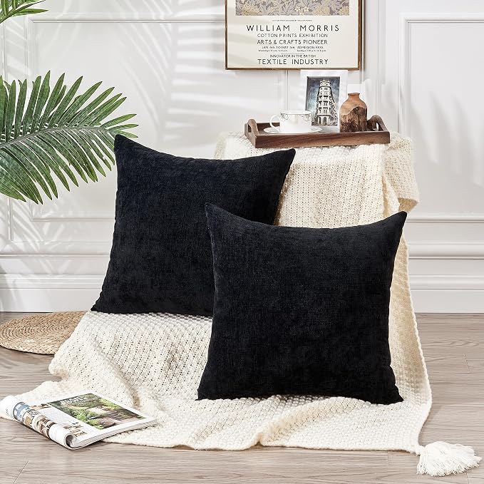 GAWAMAY Decorative Square Throw Pillow Covers 18"x18" Inch Set of 2, Super Soft Chenille Pillows Farmhouse Fall Pillowcase for Living Room Bedroom Sofa Couch Cushion Cover Black 45x45cm (No Insert)
