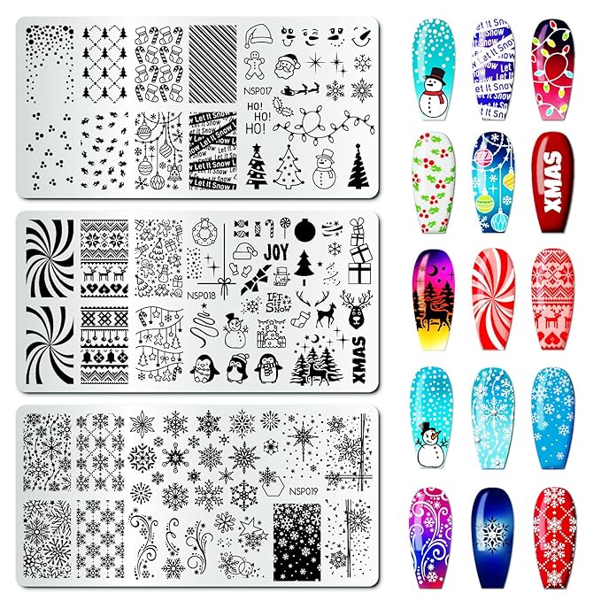Arbuya Christmas Nail Art Stamping Plates Set of 3 - Snowflakes Snowman Reindeer Baubles Holly Leaves Penguins Stainless Steel Manicure Art Tools for DIY Print Manicure Salon Design Gift Supplies