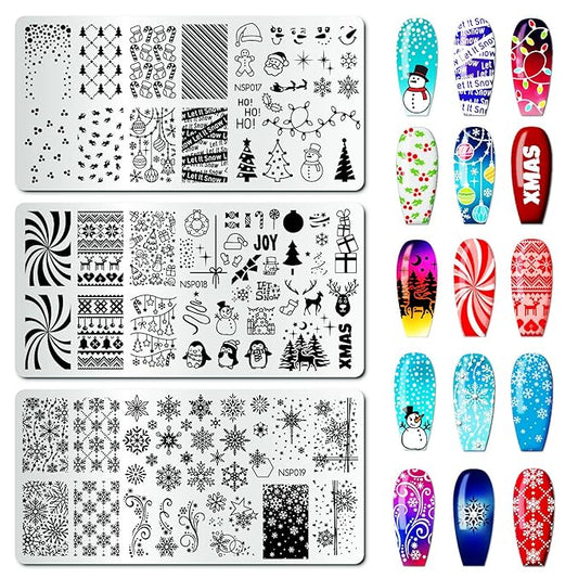 Arbuya Christmas Nail Art Stamping Plates Set of 3 - Snowflakes Snowman Reindeer Baubles Holly Leaves Penguins Stainless Steel Manicure Art Tools for DIY Print Manicure Salon Design Gift Supplies