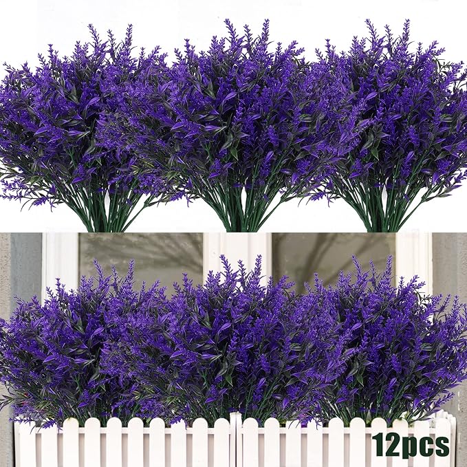 RECUTMS Artificial Plants Outdoor Artificial Lavender Flowers Shrubs 12 Pcs | Outdoor UV Resistant Fake Purple Flowers No Fade Faux Plastic Plants Garden Porch Window Box Decor,Spring Decoration for Home