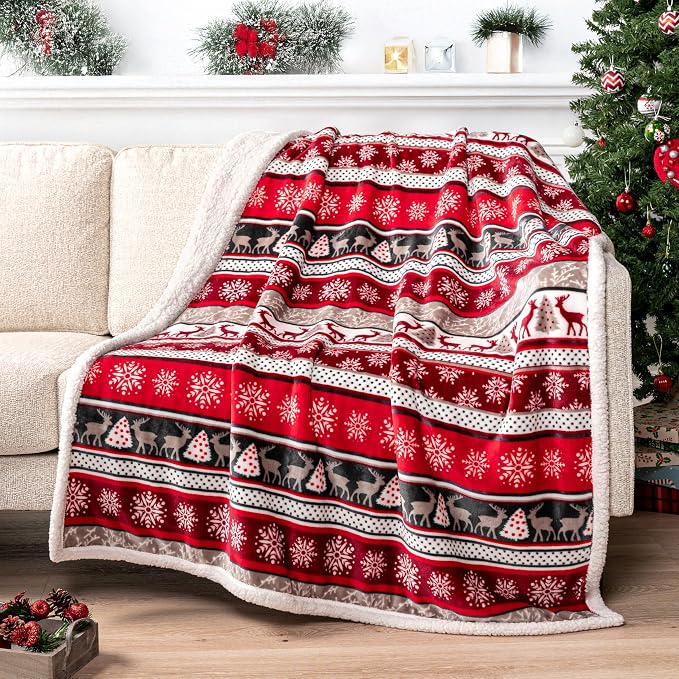 PAVILIA Premium Christmas Sherpa Throw Blanket | Christmas Decoration Reindeers, Fleece, Plush, Warm, Cozy Reversible Microfiber Holiday Blanket 60x80