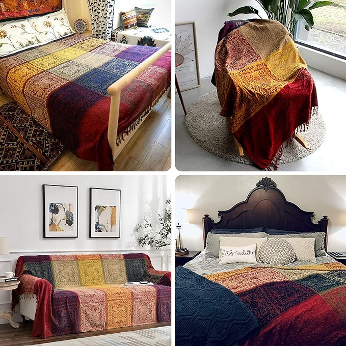 Boho Throw Blanket, Chenille Jacquard Tassels Throw Blankets for Bed Couch Soft Chair， Bohemian Fringe Tassels (Red, Large 86 * 102Inches)